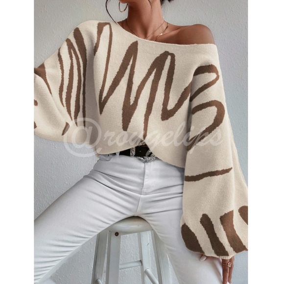 Knit Graphic Pullover Sweater Beige Brown Bishop Sleeve Stretchy - Picture 1 of 11